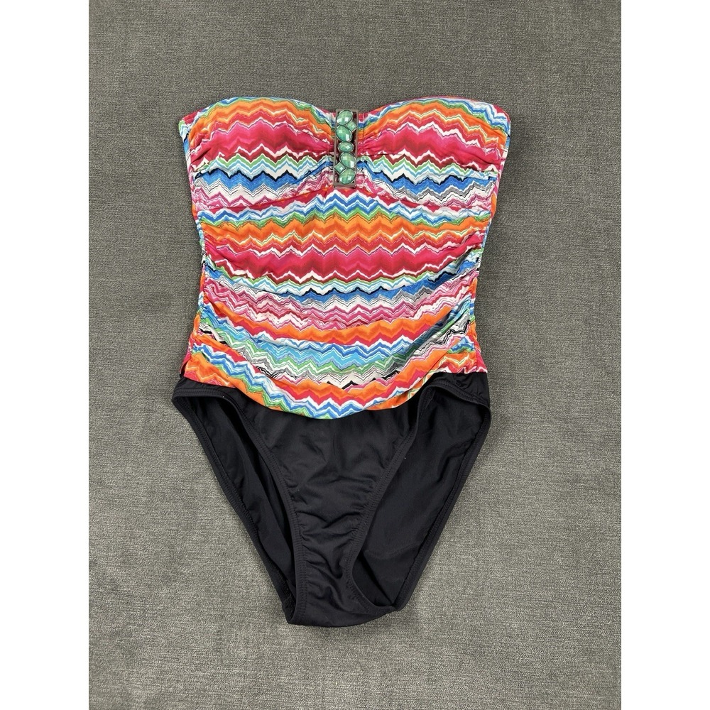 La Blanca One Piece Swimsuit 4 Vibrant Tropical Chevron Beaded‎ Strapless Resort